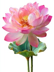Lush pink lotus blossom on slender stem, green leaf base