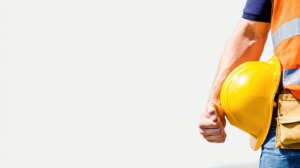 Construction worker's Gear: A construction worker stands, clutching a yellow safety helmet, showcasing his commitment to safety and his dedication to the demanding yet rewarding world of construction.