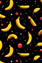 Repeating pattern of bananas, cherries, and confetti on black