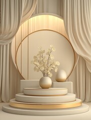 Elegant, neutral display with vase, egg, gold trim, and drapes