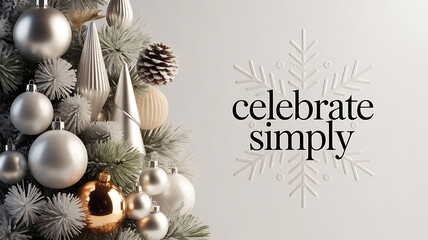 Minimalist Christmas tree decorated with silver and gold ornaments, pinecones, and white snowflake design with 'celebrate simply' text