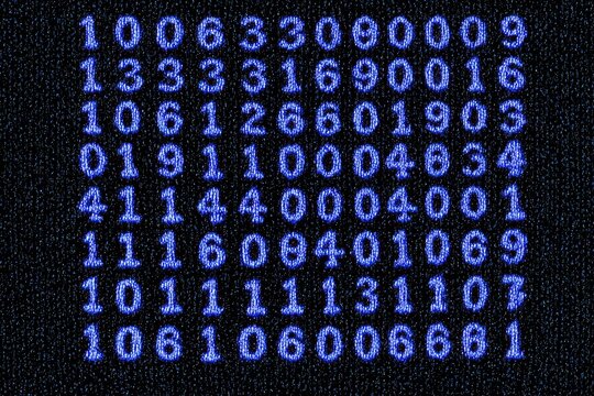 Grid of glowing blue numbers against a speckled dark background