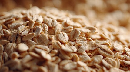 Oat flakes pile, rustic hue, close-up textural grain