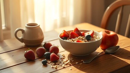 advantageous. A simple, wholesome breakfast on a sunlit wooden table with a beam of light illuminating a bowl of oats and fruit. menu design.