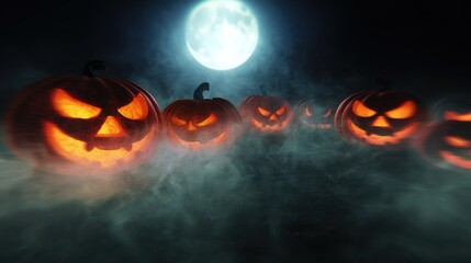 Enchanted Halloween Night: A chilling scene unfolds under a full moon, with sinister jack-o'-lanterns emanating an eerie glow amidst billowing fog, embracing the spirit of Halloween.
