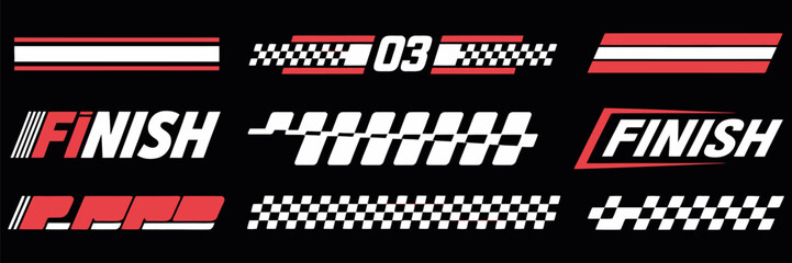 Racing cars and speed stripe vector set featuring checkered flags, dynamic lines, and sport decals