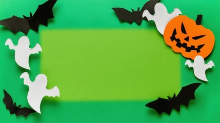 Halloween Greeting with Spooky Decor: Spooky Halloween decorations including bats, ghosts, and a Jack-o'-lantern creating a festive and eerie atmosphere. Perfect for greeting.