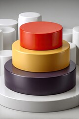 Stacked colored cylinders on white platform background