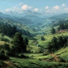 Fototapeta premium Lush green valley landscape painting with mountains trees river and a small village under a blue sky