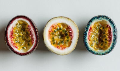 Three passion fruit halves, vivid colors, seeds visible