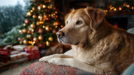 A dog lounges on a couch, a Christmas tree and wrapped presents in background, evoking a warm and festive atmosphere. The dog appears calm and observant, enjoying the season