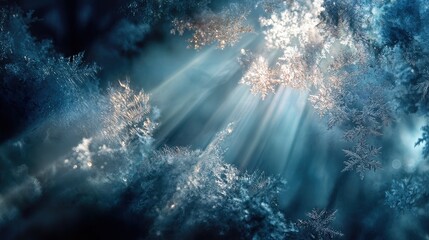 Fototapeta premium The radiant beauty of light streaming through a delicate snowscape, showcasing intricate snowflake formations