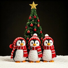 Whimsical Penguins Surrounded by Snow and a Festive Tree Bringing Joy to the Holiday Season