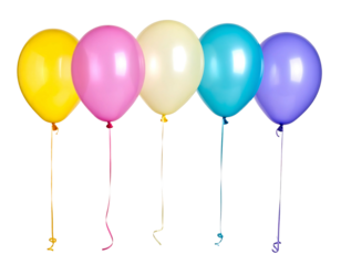 Five colorful balloons in a row with shiny ribbons against a transparent, black background