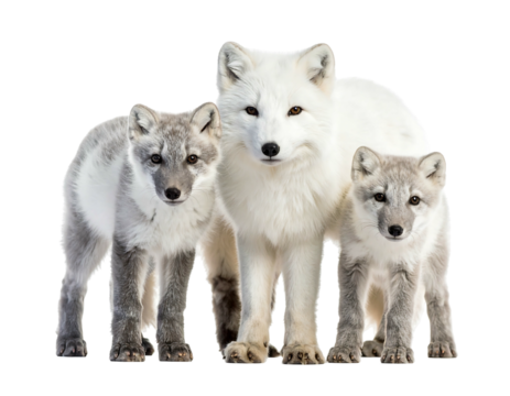 Family of arctic foxes featuring an adult with two younger ones isolated on a black background, close-up