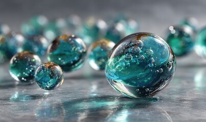 Teal, glassy orbs with internal bubbles on speckled surface