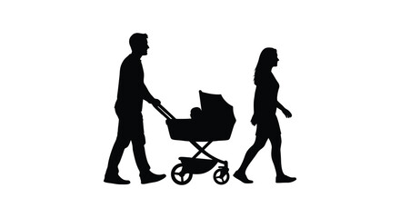 A man and woman walking together pushing a baby stroller in a striking black silhouette
