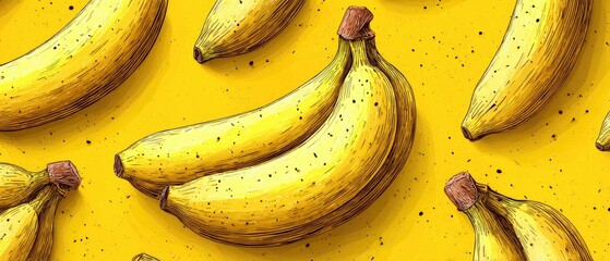 Banana pattern. Yellow background with illustrated fruit