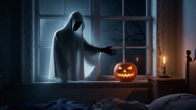 Spooky Ghost Appears in Bedroom with Jack-o-Lantern and Candle.