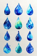 Watercolor blue teardrops in various shapes and shades