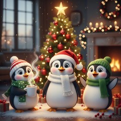 Charming Scene of Penguins Gathering Around a Christmas Tree with Warm Drinks and Cheer