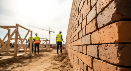 Construction workers in safety vests overseeing building of brick wall at a construction site with scaffolding and crane in the background