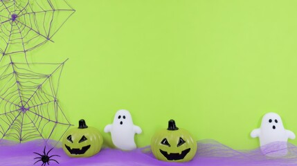 Spooky Halloween Delight: A festive Halloween scene featuring cheerful jack-o'-lanterns, whimsical ghosts, and intricate spiderwebs, all set against a vibrant green backdrop.