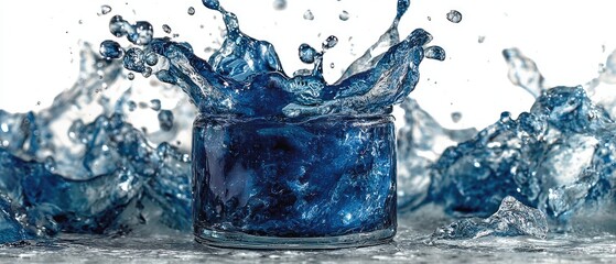 Jar with blue fluid bursts, splashes on a white surface