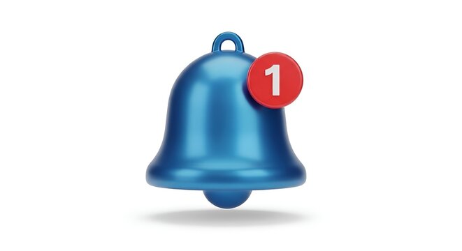 3D Render of a Blue Notification Bell with Red Notification Bubble with the Number 1