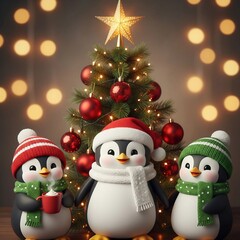 Adorable Penguins in Scarves and Hats Celebrating the Holidays Next to a Festive Tree