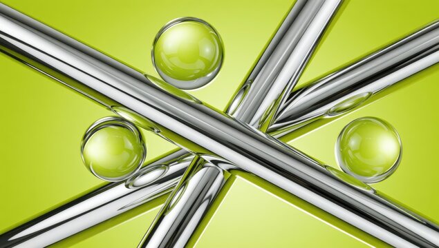 Abstract composition of metal rods and green spheres, creating a visually interesting and modern design - Powered by Adobe