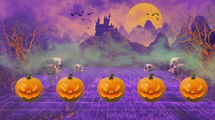 Spooky Pumpkins on Halloween Night: An array of grinning Jack-o'-Lanterns, casting an eerie glow against a surreal backdrop of a haunted castle under a full moon.
