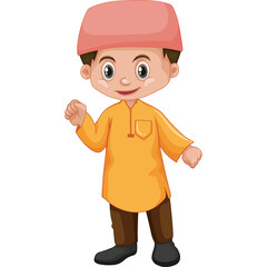 Cartoon young boy wearing orange kurta and brown pants with pink kufi cap smiling and standing on a transparent background EPS 42-72