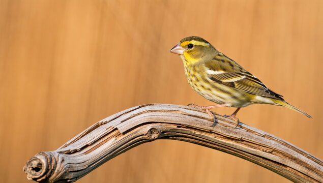 Close up shot of a european serin perched on a branch, with a blurred brown background