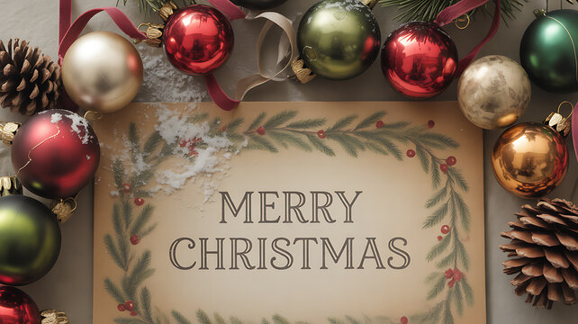 Merry Christmas greeting card surrounded by festive ornaments, pinecones, and holiday decorations - Powered by Adobe