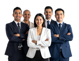 Diverse team, smiling, arms crossed in professional attire, standing against a black backdrop, teamwork