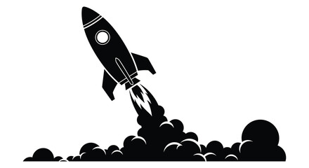 Retro style rocket ship blasting off into the sky with smoke and flames in a striking silhouette