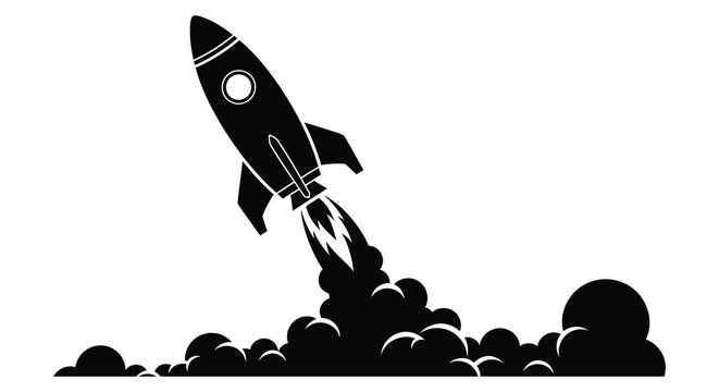 Retro style rocket ship blasting off into the sky with smoke and flames in a striking silhouette