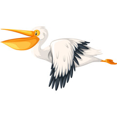Cartoon White Pelican Bird With Open Beak Flying Isolated On Transparent Background Featuring Yellow Beak Orange Feet And White Body With Black Wing Tips