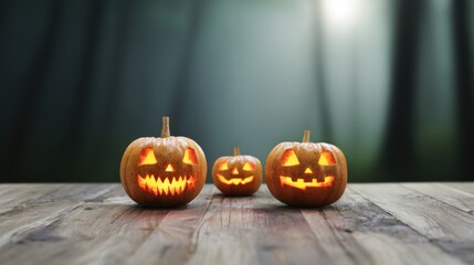 Halloween Night Spectacle: Three carved pumpkins glow with eerie grins on a wooden surface, set against a blurred forest backdrop. A captivating visual that embodies the essence of the spooky season.