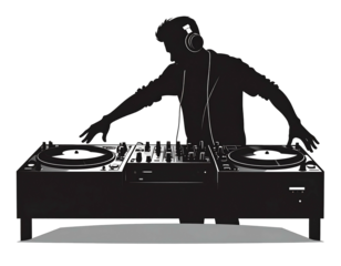 DJ silhouette, focusing on a mixer. Black background, white outlines and gray ground