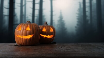 Halloween Eve Glow: Lit pumpkins with carved smiling faces on a wooden surface in a spooky forest setting, ideal for a festive autumnal ambiance. 