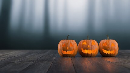 Halloween Pumpkin Trio on Wooden Table: Spooky pumpkins with carved faces glow with candlelight on a rustic wooden table, casting eerie shadows against a dark, atmospheric background.
