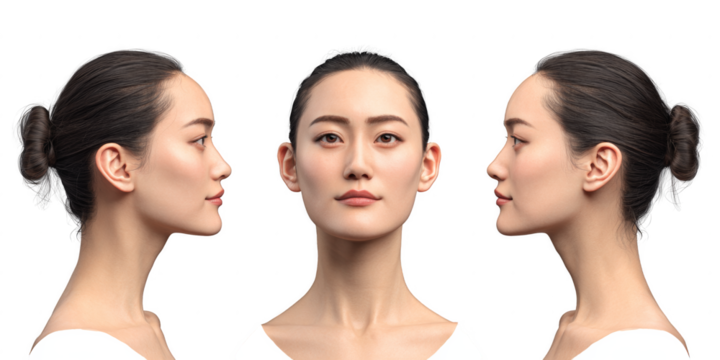 Three women with their hair in a bun and their faces shown