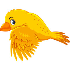 Cartoon yellow bird with orange beak and blue eyes flying in a graceful pose isolated on a white background with a transparent background overlay