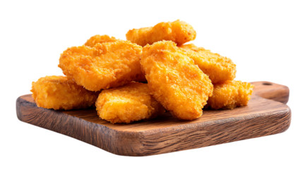 Crispy chicken nuggets piled on a wooden board on transparent background ready to eat