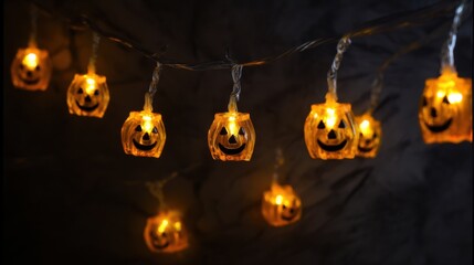 Glowing Halloween pumpkin lights: A captivating image features a string of grinning pumpkin lights in a dimmed environment. The cheerful lights create a spooky and festive atmosphere.