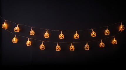 Jack-o'-lantern String Lights: A festive strand of glowing jack-o'-lantern lights casts a warm, inviting glow, creating a spooky ambiance for the celebration of Halloween.
