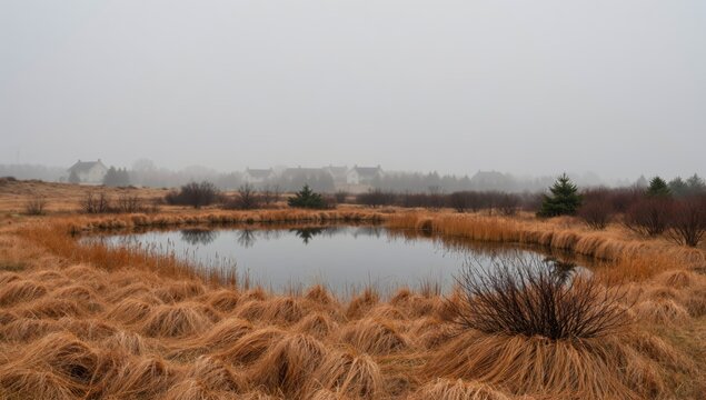 Gloomy marshland landscape with a small pond and fog in the distance on a cloudy day