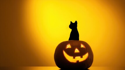 Jack-o'-lantern and Black Cat: Halloween's iconic pumpkin with a carved, glowing face, topped with a silhouette of a sleek black cat against a warm, inviting yellow backdrop.
